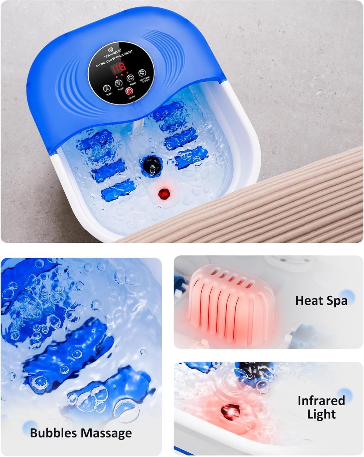 Collapsible Heated Foot Spa with Bubble and Red Light Temperature Control Foot Bath Massager and Soaking Tub Featuring 8 Shiatsu Massage Rollers Pumice Stone and Built-in Timer Ideal Gift for Wife,Mom
