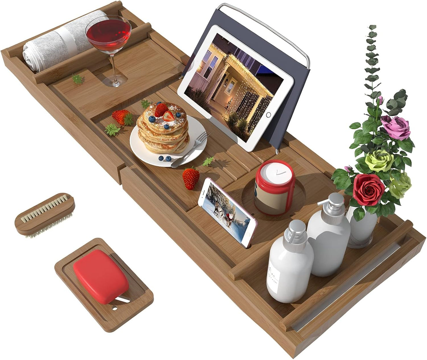 Bath Caddy Tray for Bathtub - Bamboo Adjustable Organizer Tray for Bathroom with Free Soap Dish Suitable for Luxury Spa or Reading