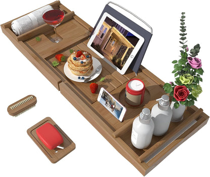 Bath Caddy Tray for Bathtub - Bamboo Adjustable Organizer Tray for Bathroom with Free Soap Dish Suitable for Luxury Spa or Reading