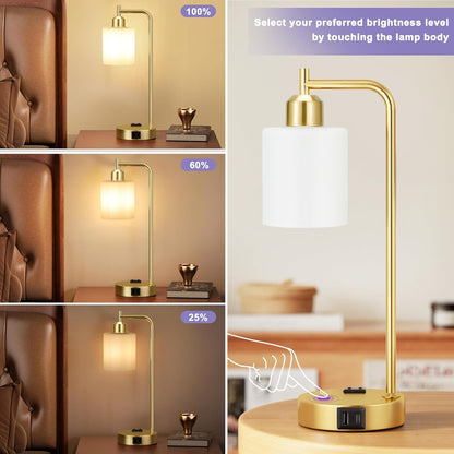 Industrial Touch Table Lamps for Bedrooms Set of 2 - 3-Way Dimmable Nightstand Lamps with USB C+A Ports and Outlet, Black Bedside Lamps with Glass Shade for Living Room, Desk Lamps for Home Office