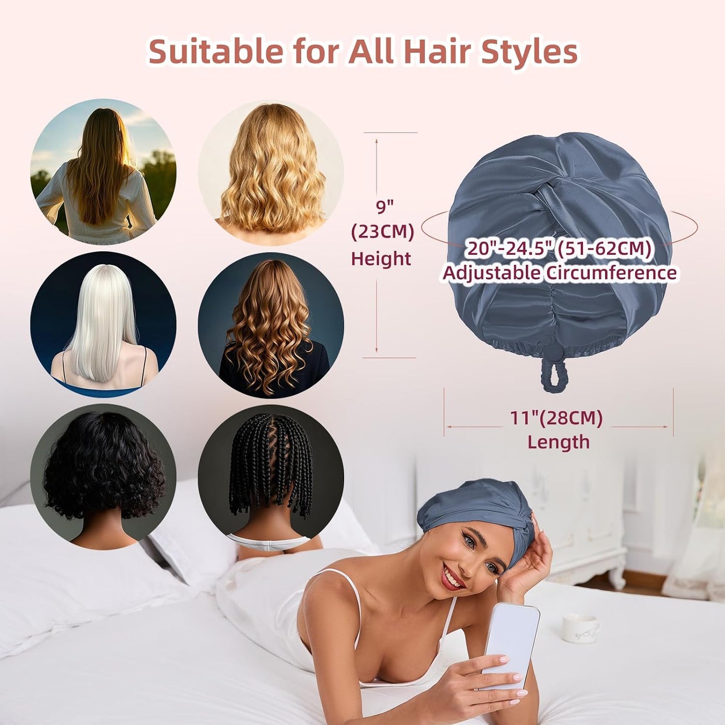 Adjustable Silk Satin Hair Bonnet for Sleeping Women, Double Layer, Silk Hair Wrap for Sleeping Women Men, Curly Natural Braid Straight Unisex - Pink
