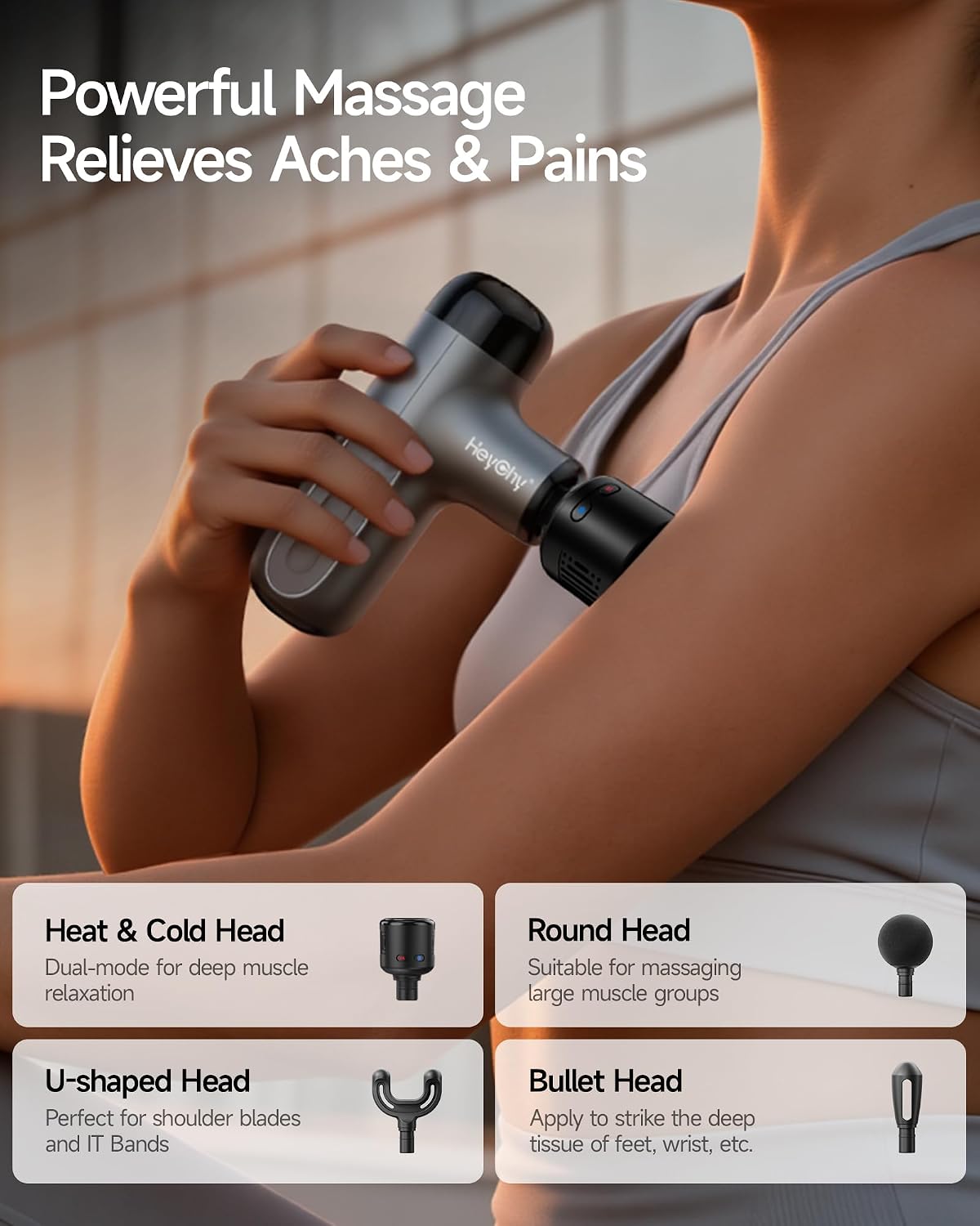 HEYCHY Mini Massage Gun Deep Tissue with Heat, FSA Eligible Massager Gun for Back Neck Relief, Portable Percussion Muscle Massager with 4 Massage Heads for Athletes, Men Women, HSA Eligible