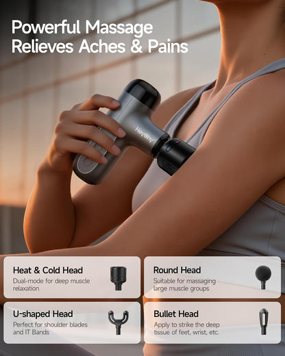 HEYCHY Mini Massage Gun Deep Tissue with Heat, FSA Eligible Massager Gun for Back Neck Relief, Portable Percussion Muscle Massager with 4 Massage Heads for Athletes, Men Women, HSA Eligible