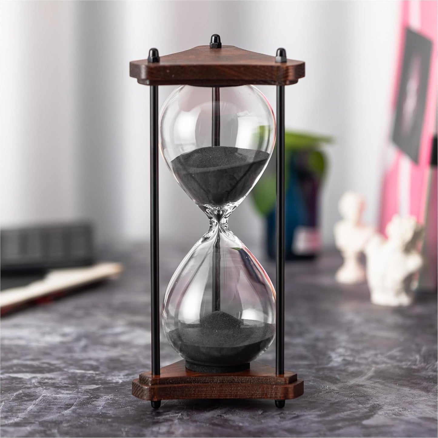Hourglass Timer 60 Minute, Triangle Wooden Frame Decorative Sand Timer (Black Sand, Large Size)