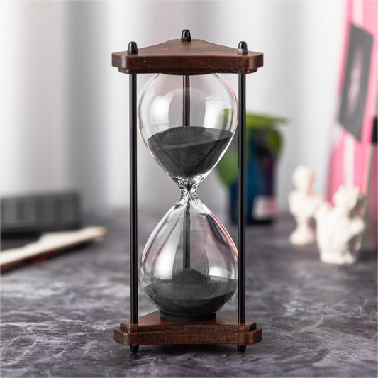 Hourglass Timer 60 Minute, Triangle Wooden Frame Decorative Sand Timer (Black Sand, Large Size)