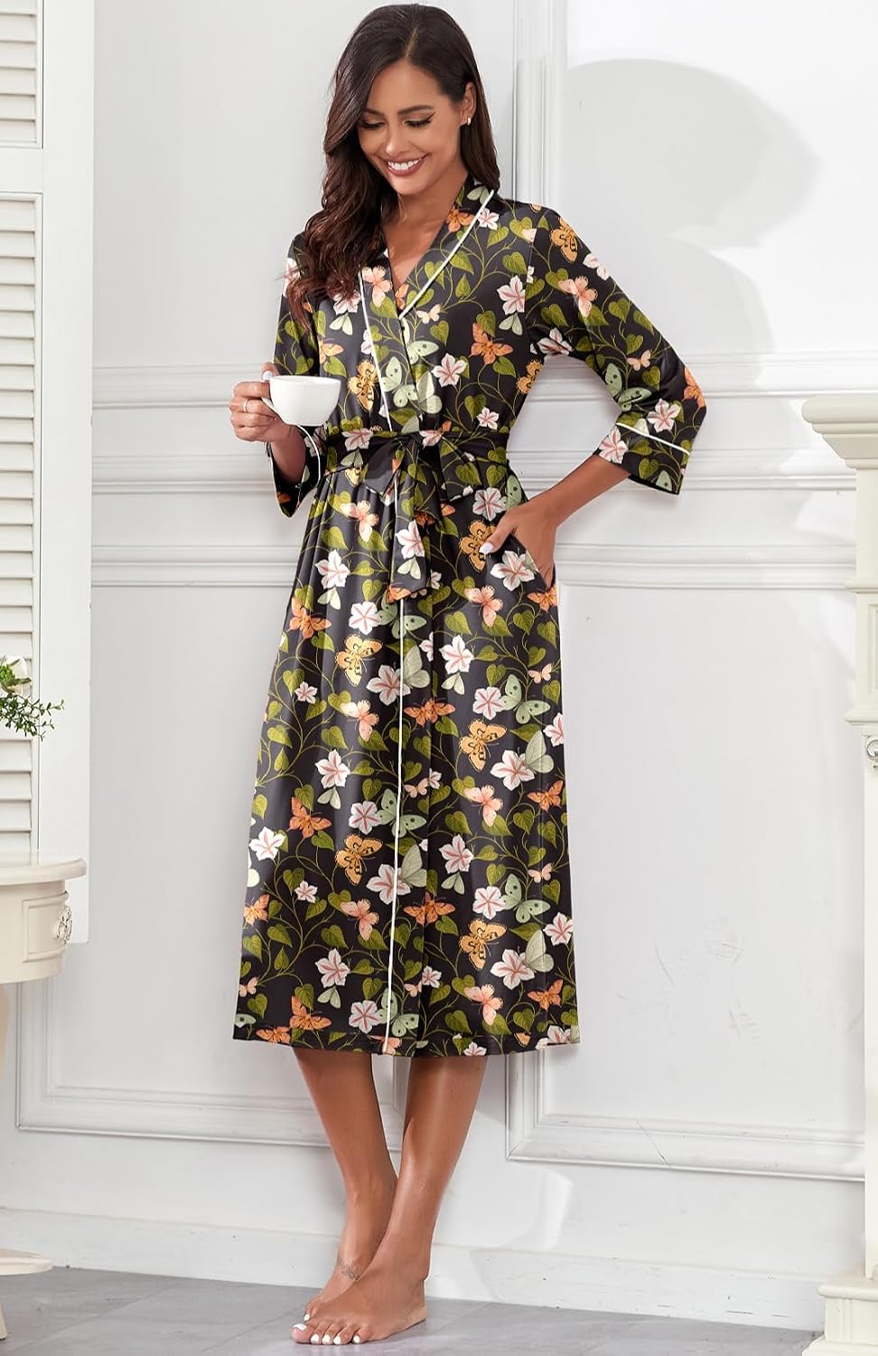 PrinStory Robes for Women 3/4 Sleeve Long Bath Robe XS-4XL