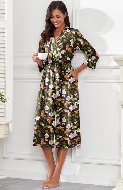 PrinStory Robes for Women 3/4 Sleeve Long Bath Robe XS-4XL