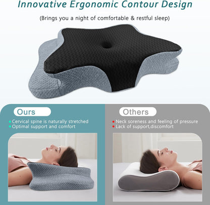 CHxxy Cervical Neck Pillow for Pain Relief Sleeping, Memory Foam Pillows, Ergonomic Side Sleeper Pillows, Cooling Orthopedic Neck Support Pillow for Back Stomach Sleepers-Queen Size Grey&Grey