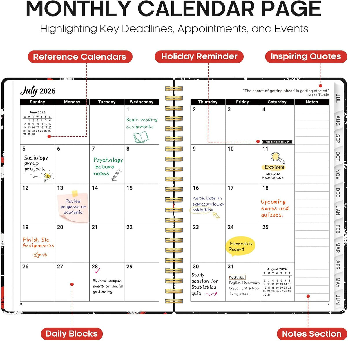 Planner 2026-2027, Jul 2026-Jun 2027 Academic Monthly & Weekly Planner - Colors B