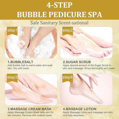Pedicure Kit Foot Soak Set: Bubble Salt, Sugar Scrub, Massage Mask, Massage Lotion in a Box, 4 Step Foot Spa Kit for Dry Feet, Softens Calluses, Tired Feet（3 Set Lavender) - Colors A