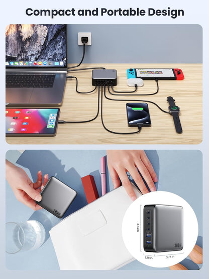 USB C Charger 200W USB C Charger Block,Upgraded GaN III 8-Port Fast Charging Station Hub,PD 65W Laptop Charging Adapter Compatible with MacBook Pro/Air,DELL,Steam Deck,iPhone 16/15/14,Galaxy S23/22