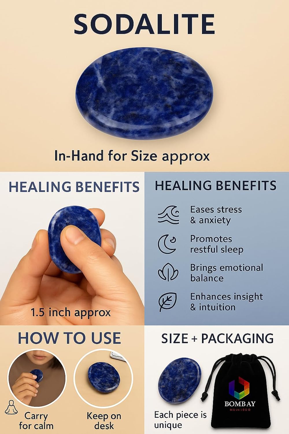 Natural Polished Thumb Palm Crystal for Meditation, Labradorite Worry Stone for Stress Relief, Anxiety Support & Pocket Reiki Healing