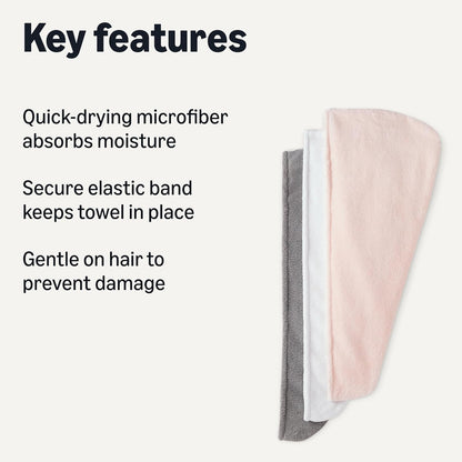 Amazon Basics Quick Dry Microfiber Hair Towel Wrap, Hair Drying Towel, Grey/Beige, 2-Pack
