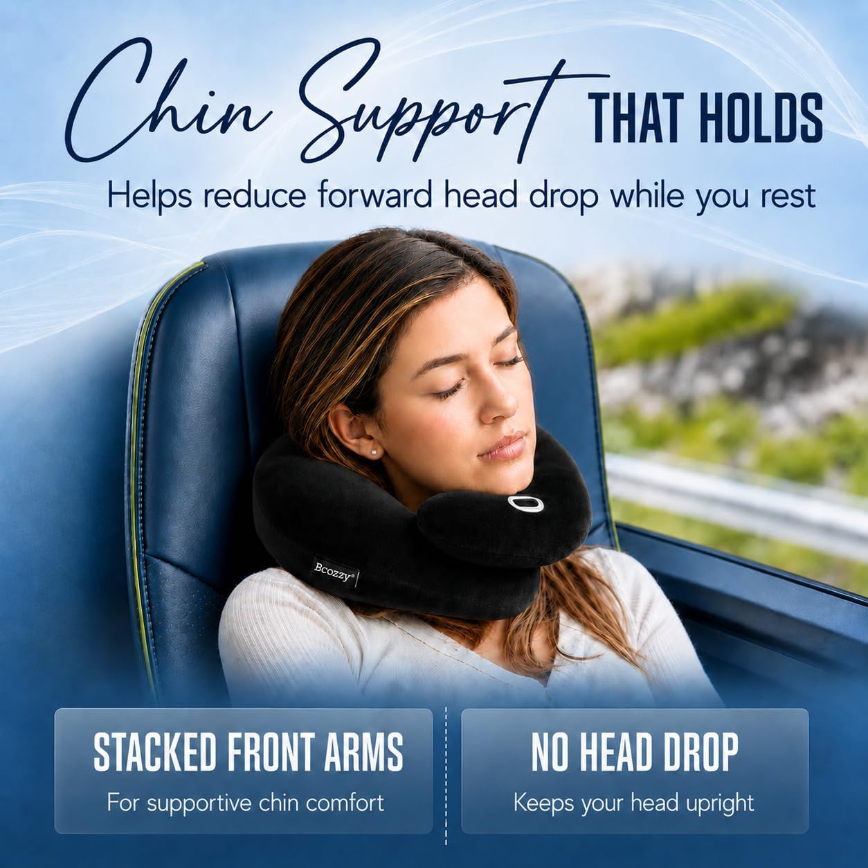 BCOZZY Travel Neck Pillow for Airplane – Patented Double Support for Head, Neck, and Chin. Best for Long Flights, Plane Sleeping, and Car Rides. Adjustable Size. Fully Washable. Carry Bag. Large, Gray