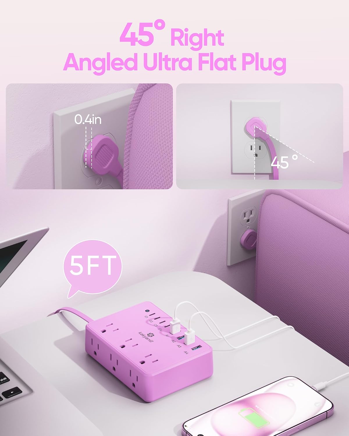Kakyanill 8 USB Pink Power Strip with 6 AC(4 USB-C), 5 FT Extension Cord