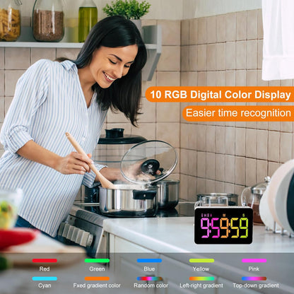 PERSUPER Kitchen Digital Timer, Count Down Up, Rechargeable, Vibration Mode Adjustable Volume and Brightness LED Display, Time Management Cook, Desk, Kids Adults Study Teaching, Kitchen Gadgets RGB