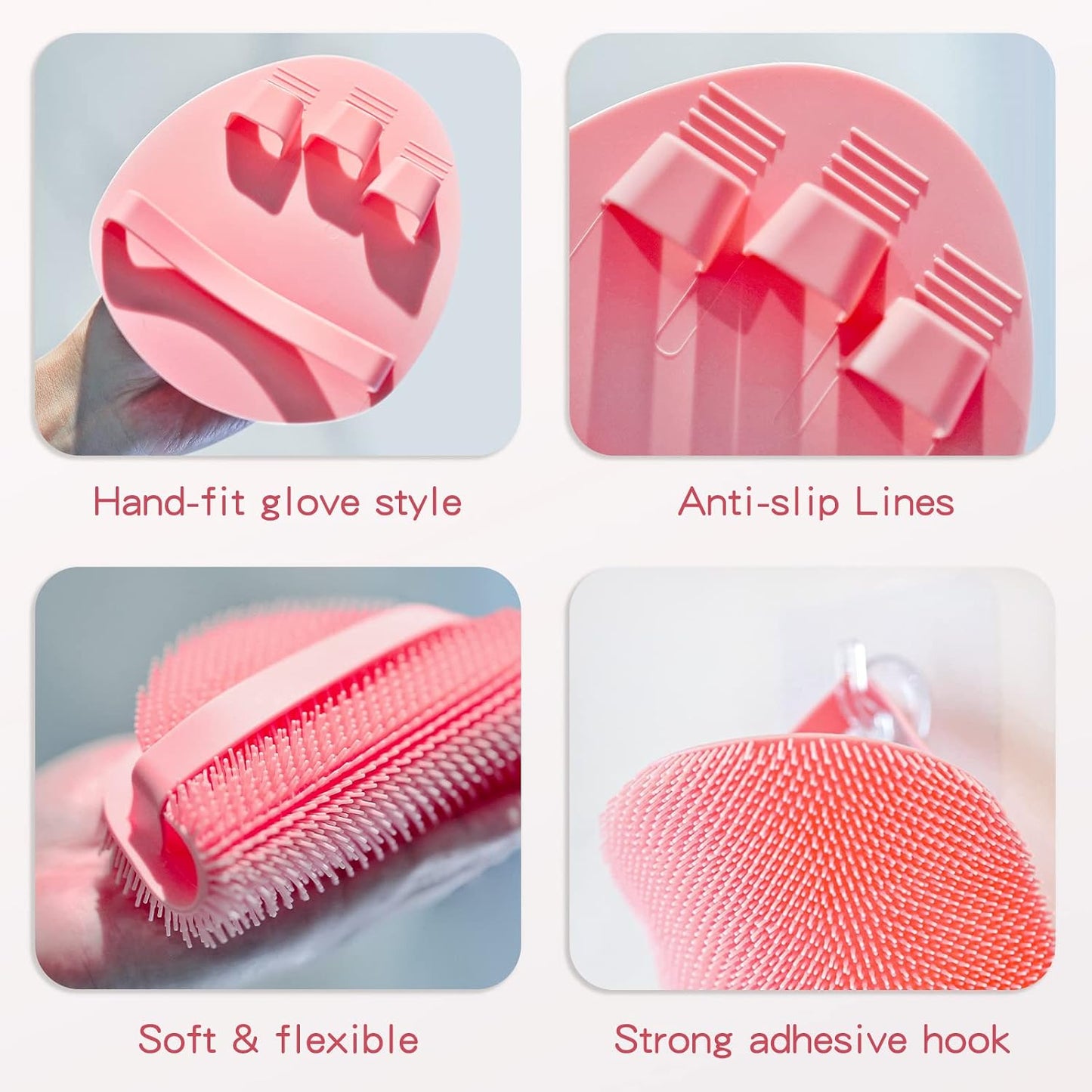 Manmihealth Silicone Back Scrubber & Soft Bath Glove, Silicone Scalp Massager Set 5 PCS, Super-Exfoliating Body Scrubber Shower Brush & Shampoo Brush Combination, with 2 Free Hooks (Style 1 Black)