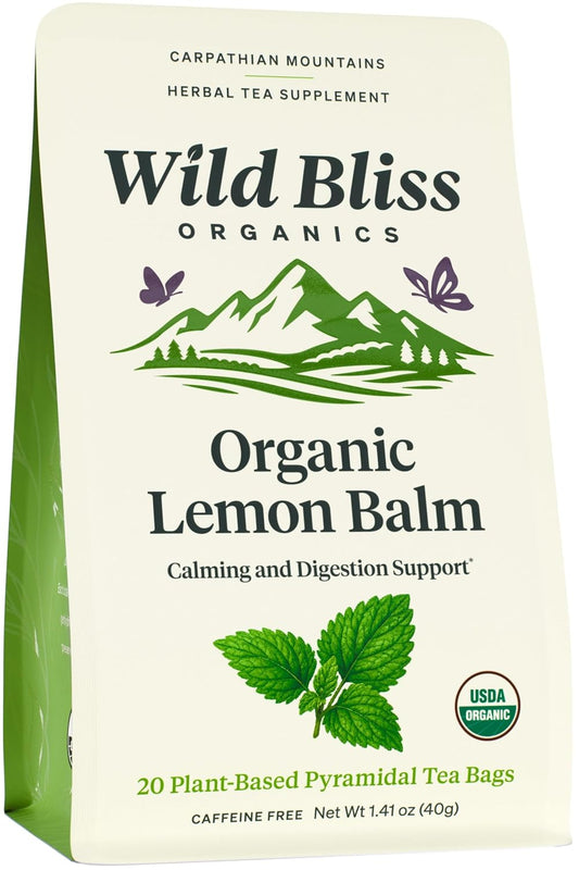 Organic Lemon Balm Tea - Caffeine Free Calming Herbal Tea - Pharmacopoeia Potency - 20 Plant Based Tea Bags