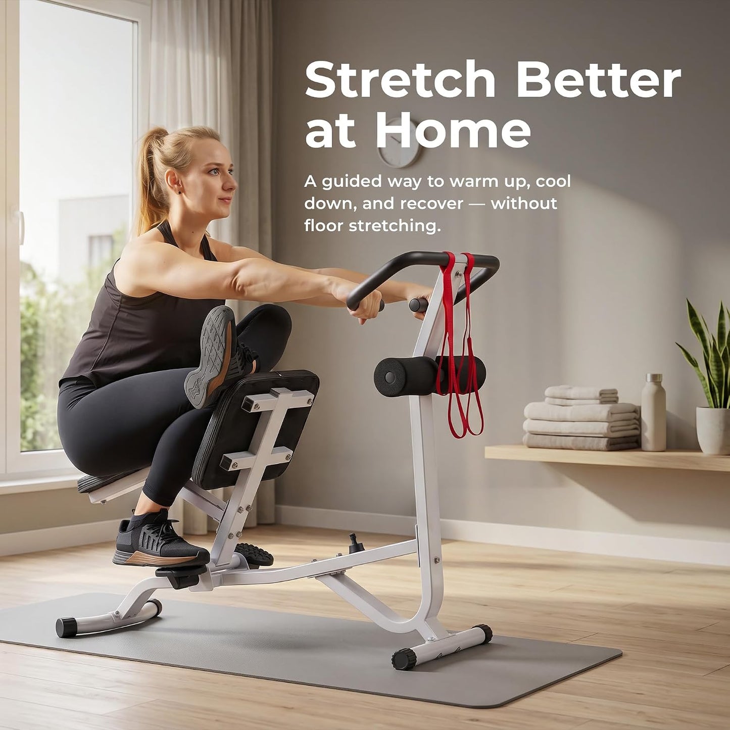 Sunny Health & Fitness Full Body Stretch Machine for Home Gym, Back Stretcher & Flexibility Trainer with Pivoting Seat, Foam Rollers, Safety Straps, Handlebar & SunnyFit App