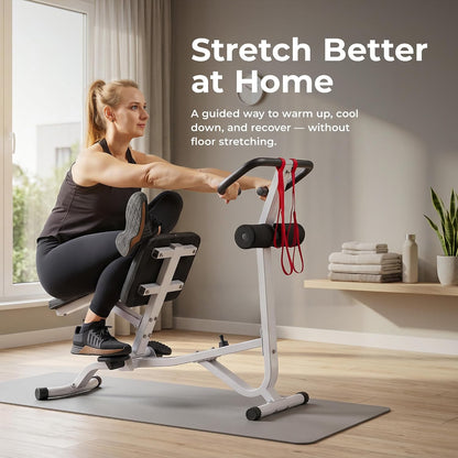 Sunny Health & Fitness Full Body Stretch Machine for Home Gym, Back Stretcher & Flexibility Trainer with Pivoting Seat, Foam Rollers, Safety Straps, Handlebar & SunnyFit App