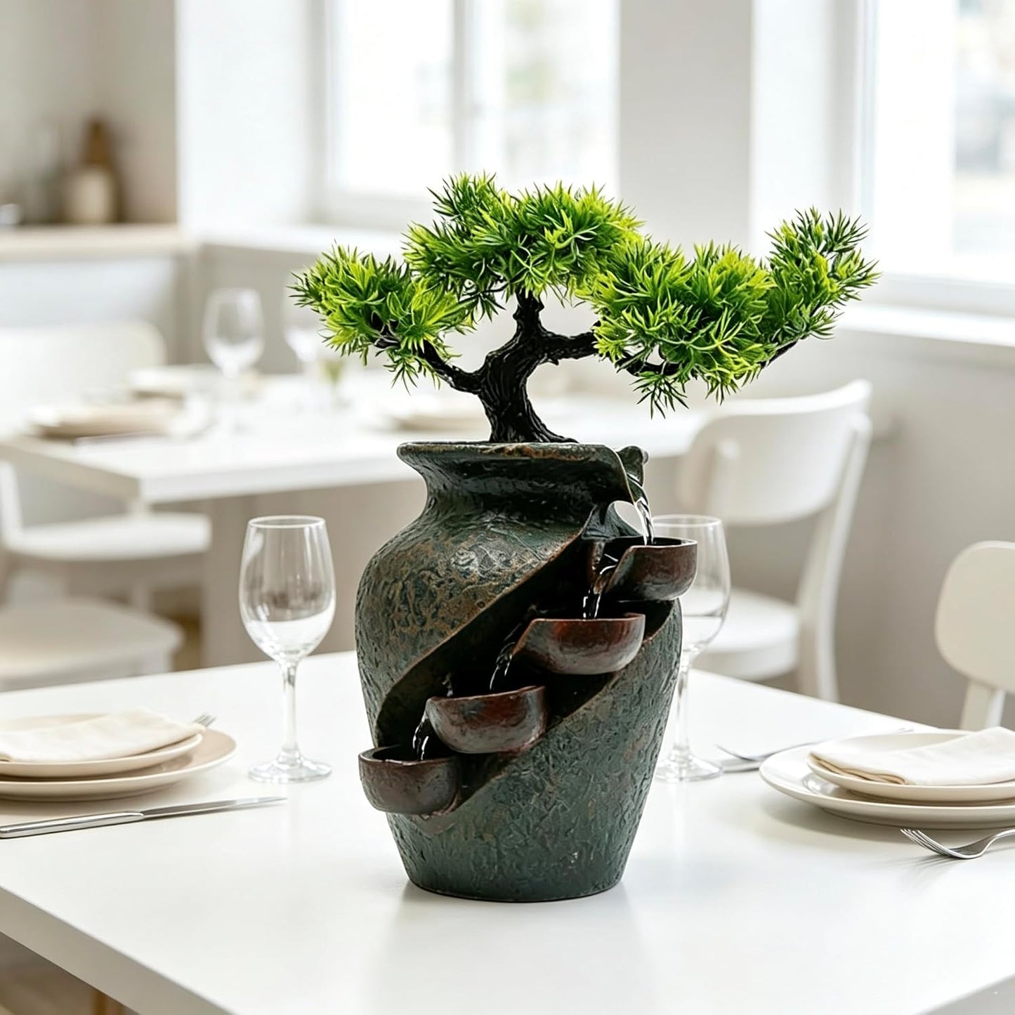 Mini Artificial Bonsai Tree Waterfall Fog Feature Rock Tabletop Fountain | 11in Desktop Decor Waterfall Fountain W/ Water Pump& Atomizer&LED Lights &Fake Tree Office Bedroom Relax