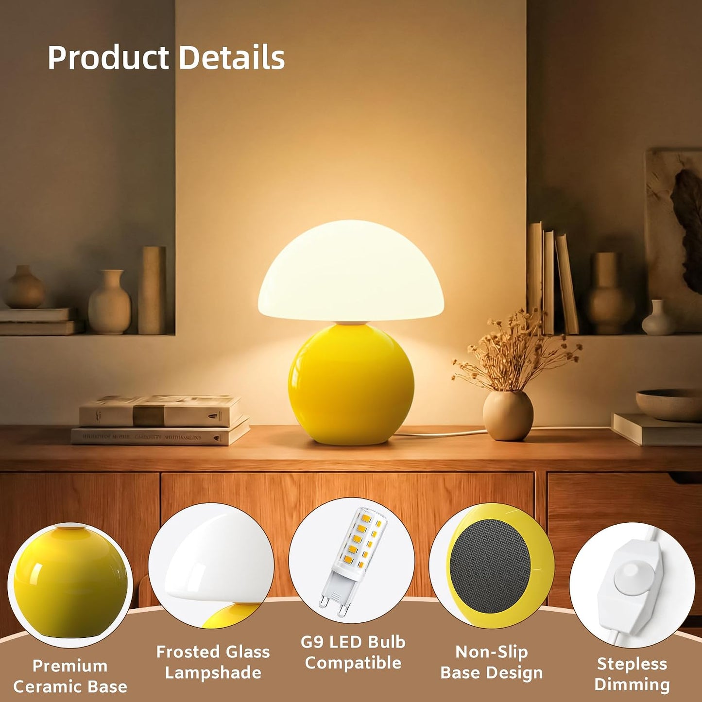 Dawnwake Mushroom Lamp Table Lamp for Bedroom,Desk Bedside Small Lamps for Living Room Night Stands,Mushroom Decor Cute Mini Modern Mid Century Lamps,Unique Aesthetic Home Living Room Decor(White)