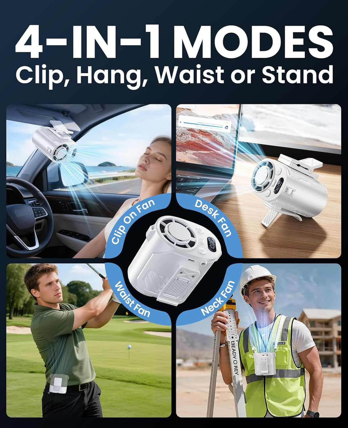 Portable Waist Fan with Ice Cooling, 4-in-1 Clip-On Fan for Car/Shirt/Hat/Belt, 16000RPM Strong Airflow, 12H Runtime, 100 Speed Settings, Wearable Fan for Outdoor Work, Camping, Travel Black