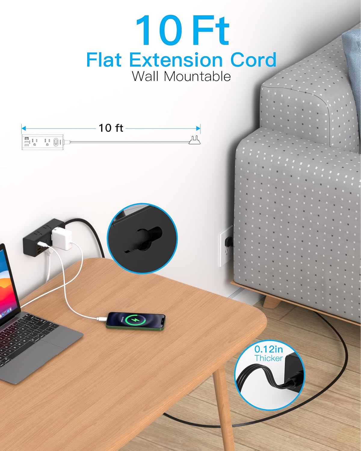One Beat 10Ft Extension Cord with Multiple Outlets,Flat Plug Power Strip