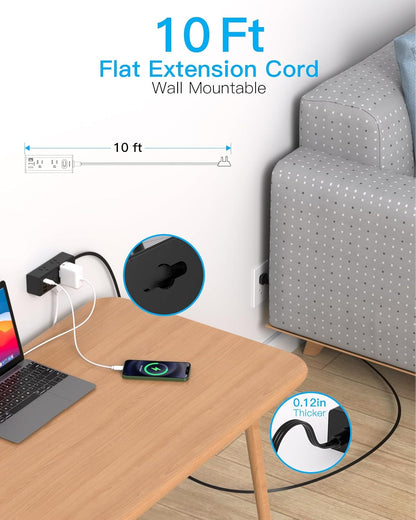One Beat 10Ft Extension Cord with Multiple Outlets,Flat Plug Power Strip