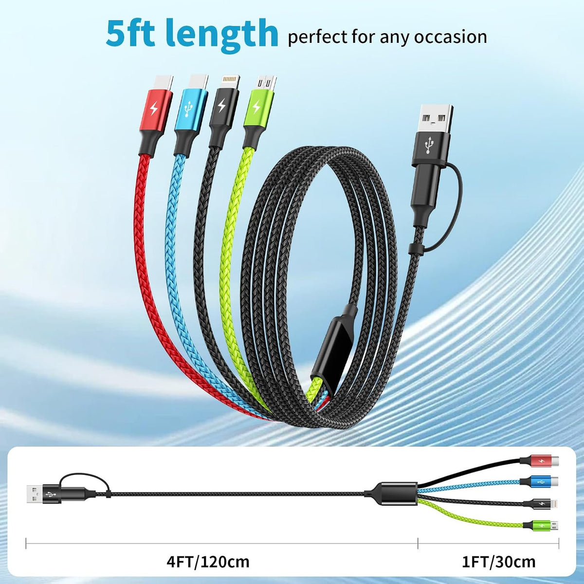 4 in 1 Multi Charging Cable, 5FT Charging Cords for Multiple Devices