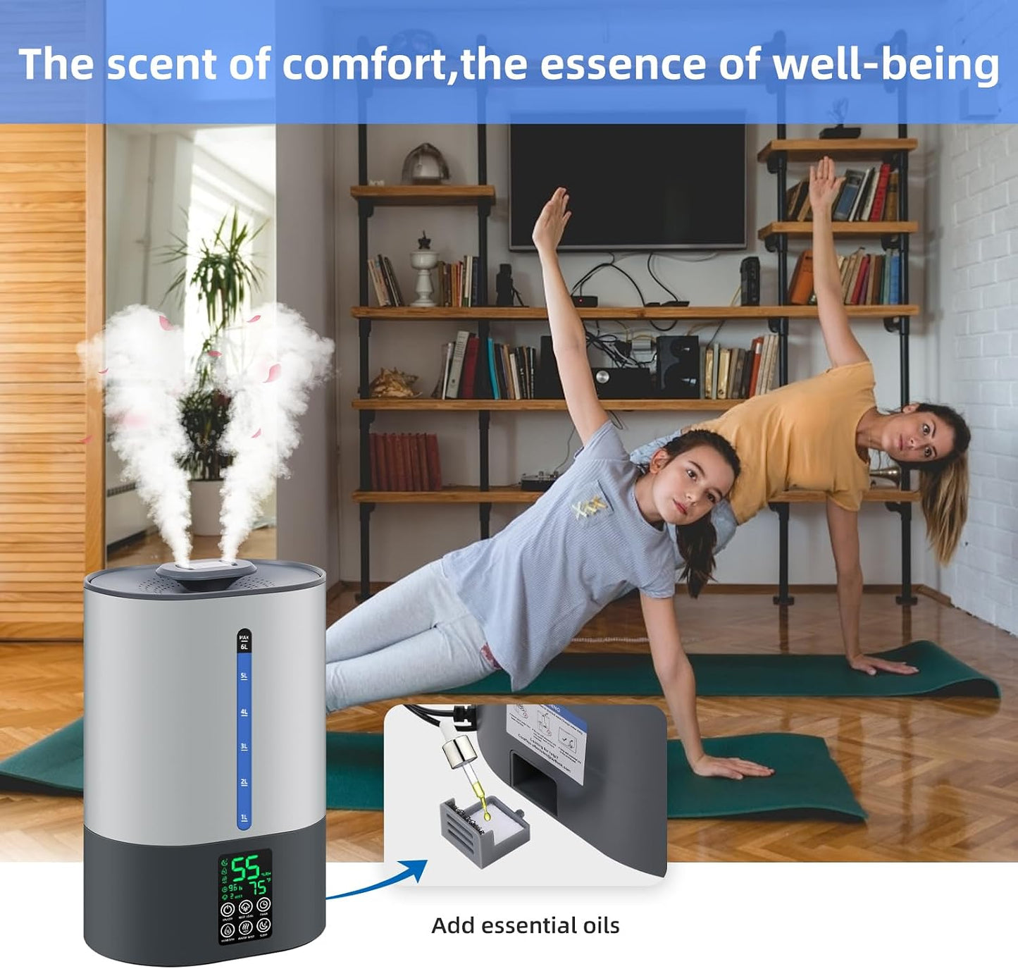 Coolfiqu 6L Humidifiers for Bedroom Large Room Home,Cool and Warm Humidifier for Baby and Plants Hot Mist Top Fill Desk Humidifiers Oil Diffuser,Quiet,Adjustable Mist,360°Nozzle-Black(2026 Upgraded)