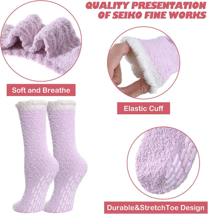 LINEMIN Non-Slip Fuzzy Socks for Women - Cozy Hospital Soft Fluffy Socks With Grips - Winter Warm Slipper