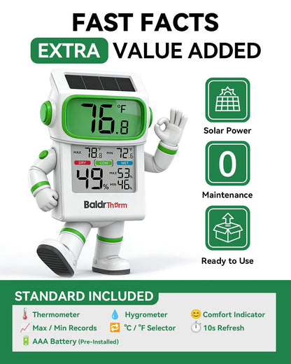 BALDR Indoor Thermometer Hygrometer, Solar Power with Battery Backup, Large Display, Daily Max/Min & Comfort Indicator Humidity Meter (White)
