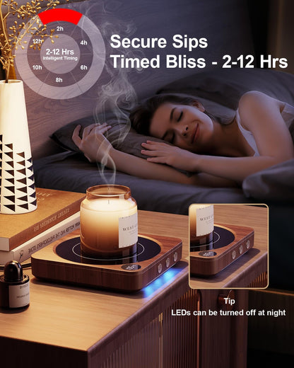 House Gem Coffee Mug Warmer for Desk, Candle Warmer Plate, 12H Timer, Wood
