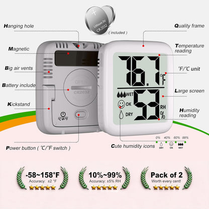 Antonki 2 Pack Room Thermometer for Home, Hygrometer Indoor Humidity Meter Gauge, Digital Temperature and Humidity Monitor Sensor for House, Terrarium, Incubator, Greenhouse - Battery Included