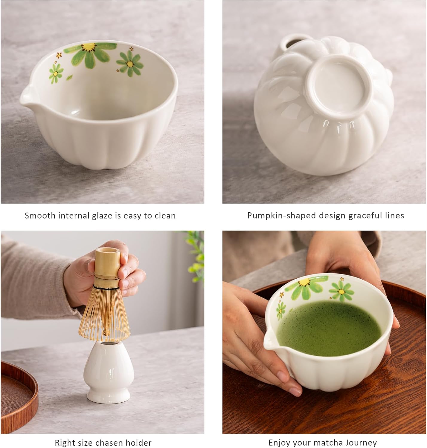 TANG PIN Matcha Set - Match Bowl and Whisk, 15 OZ, Matcha Scoop | Matcha Whisk Stand (Chasen Holder) - 5pc Perfect Matcha Kit for Matcha Tea Ceremony (Mottled Green)