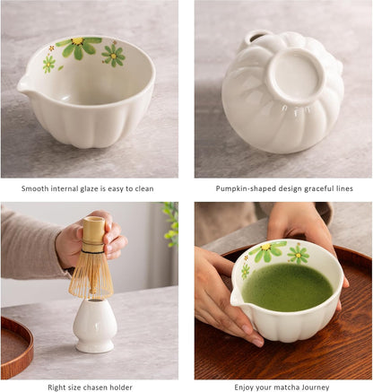 TANG PIN Matcha Set - Match Bowl and Whisk, 15 OZ, Matcha Scoop | Matcha Whisk Stand (Chasen Holder) - 5pc Perfect Matcha Kit for Matcha Tea Ceremony (Mottled Green)