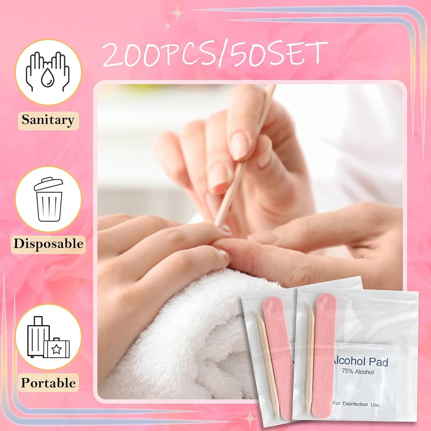 Disposable Manicure Kit - 50pc Mini Nail Buffer, Nail File, Wood Stick, OPP Bag, Press On Nail Tool Kit for Salon Home (Purple)