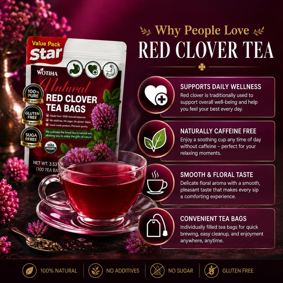 WOTIHA Premium Red Clover Tea Bags, 50 Count – 100% Natural Red Clover Herb, Rich in Antioxidants, Additive-Free, Caffeine-Free, Sugar-Free