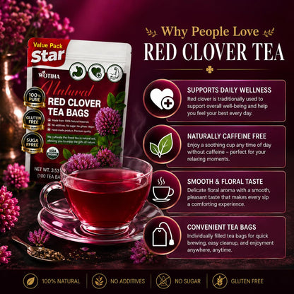 WOTIHA Premium Red Clover Tea Bags, 50 Count – 100% Natural Red Clover Herb, Rich in Antioxidants, Additive-Free, Caffeine-Free, Sugar-Free