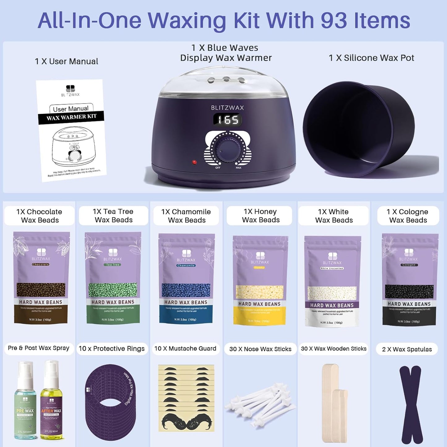 BLITZWAX Brazilian and Bikini Waxing Kit for Women, Hard Wax Warmer for Face, Legs and Body, At Home Hair Removal Kit, Beginner Friendly, Digital Fast Heating, 51 Wax Items
