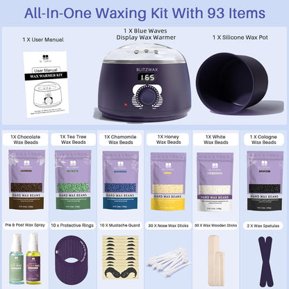 BLITZWAX Brazilian and Bikini Waxing Kit for Women, Hard Wax Warmer for Face, Legs and Body, At Home Hair Removal Kit, Beginner Friendly, Digital Fast Heating, 51 Wax Items