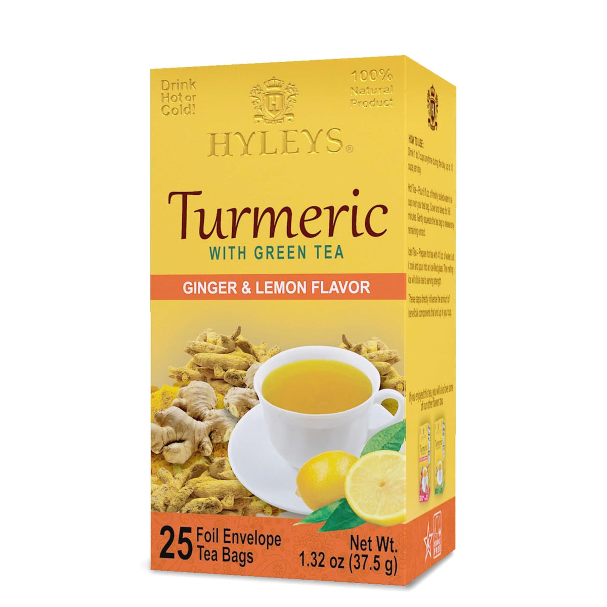 HYLEYS Turmeric Green Tea with Ginger and Lemon, Kosher, 25 Tea Bags