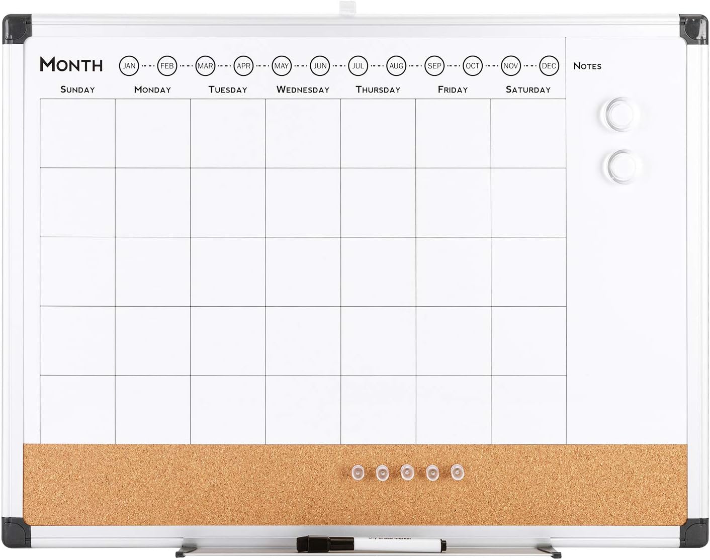 VUSIGN Monthly Calendar Whiteboard Dry Erase Cork Board Combo, 18" x 24" Planning Board, Silver Aluminium Frame