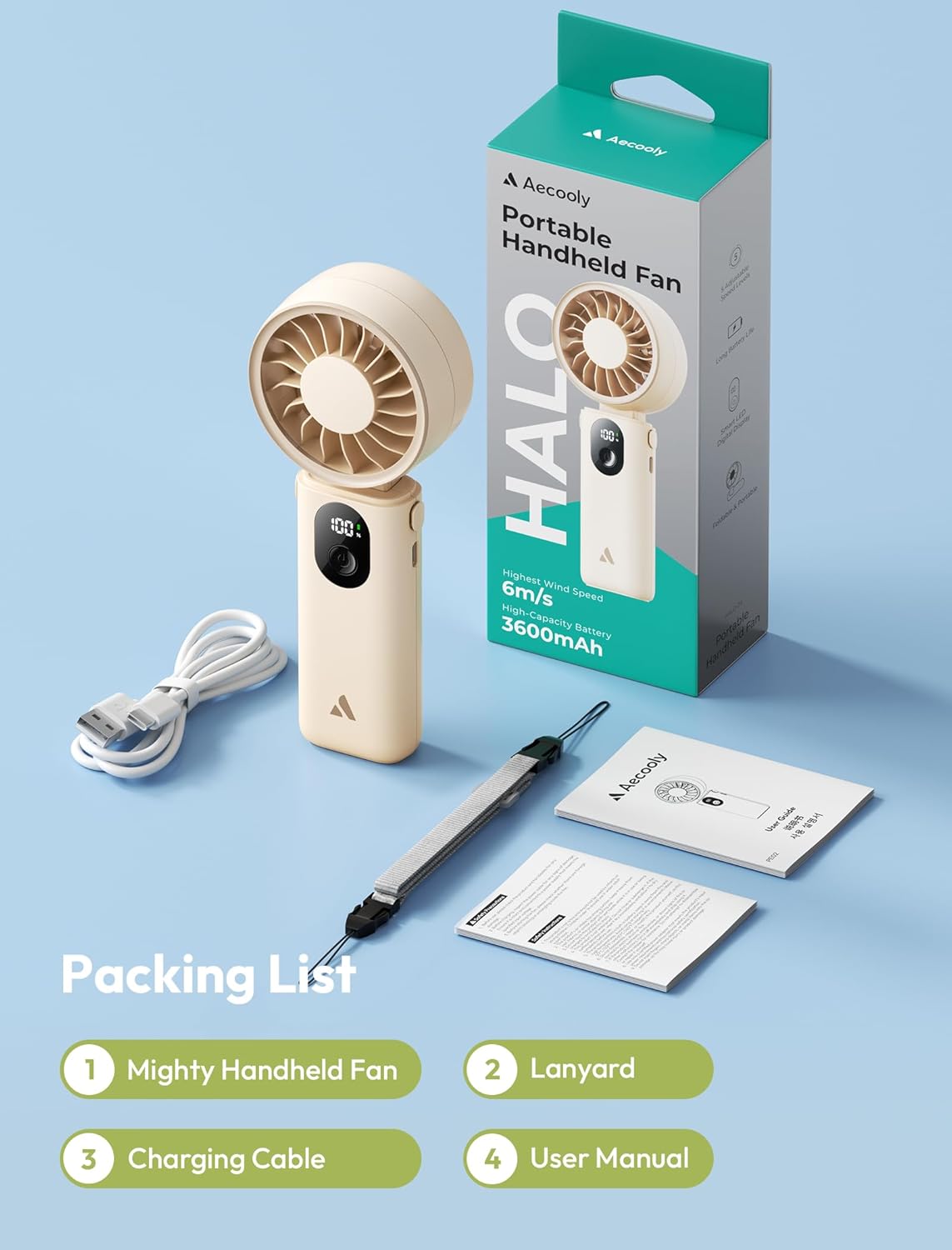 Aecooly Mighty Portable Handheld Fan | 20H Max Cooling | 3 Flexible Modes