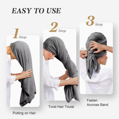 2 Pack Microfiber Hair Towel - 41 x 24 inches Super Soft, Absorbent, Fast Drying Without Frizz Hair Towel Wrap for Women Long, Thick, Curly Hair - Hair Turbans with Elastic Strap
