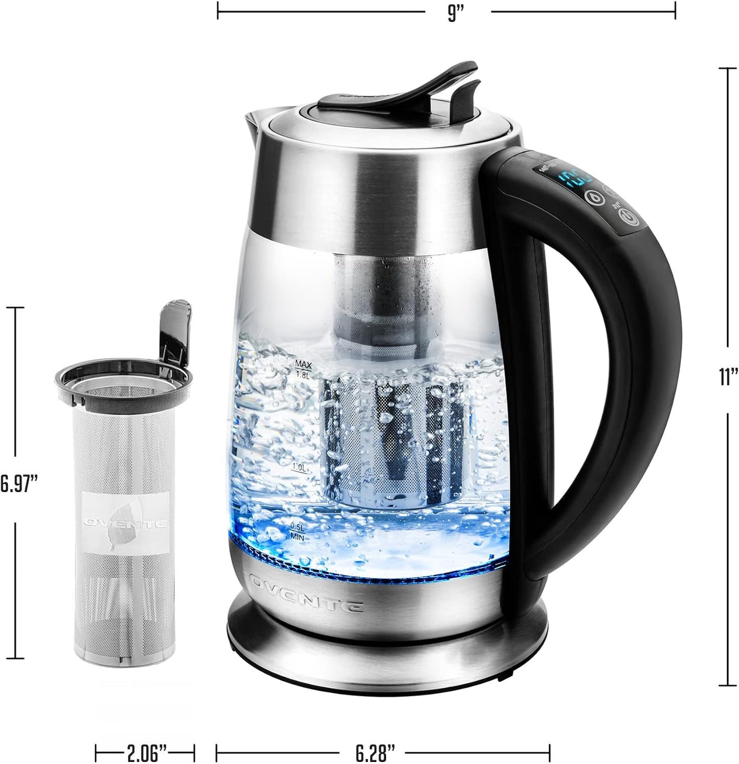 OVENTE Digital Glass Electric Kettle with Temperature Control, 1.8L Cordless Electric Tea Kettle with 7 Presets, Water Boiler Electric Pot, Keep Warm Function, Auto Shut-Off, Silver KGD752S