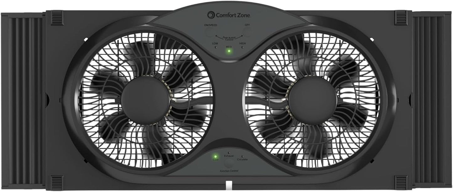 Comfort Zone Twin Window Fan with Reversible Airflow Control, 9 inch, Auto-Locking Expanders, 2 Speed Fan, Dual Fan, Exhaust, Airflow 9.84 ft/sec, Ideal for Home, Kitchen, Bedroom & Office, CZ319WT
