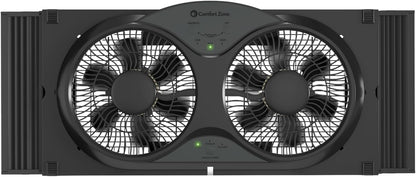 Comfort Zone Twin Window Fan with Reversible Airflow Control, 9 inch, Auto-Locking Expanders, 2 Speed Fan, Dual Fan, Exhaust, Airflow 9.84 ft/sec, Ideal for Home, Kitchen, Bedroom & Office, CZ319WT