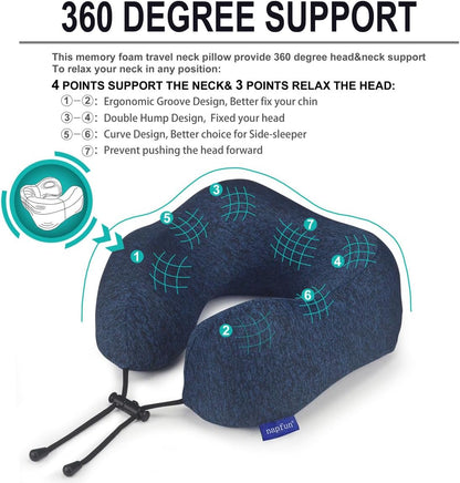 napfun Neck Pillow for Traveling, Upgraded Travel Neck Pillow for Airplane 100% Pure Memory Foam Travel Pillow for Flight Headrest Sleep, Portable Plane Accessories, Light Grey